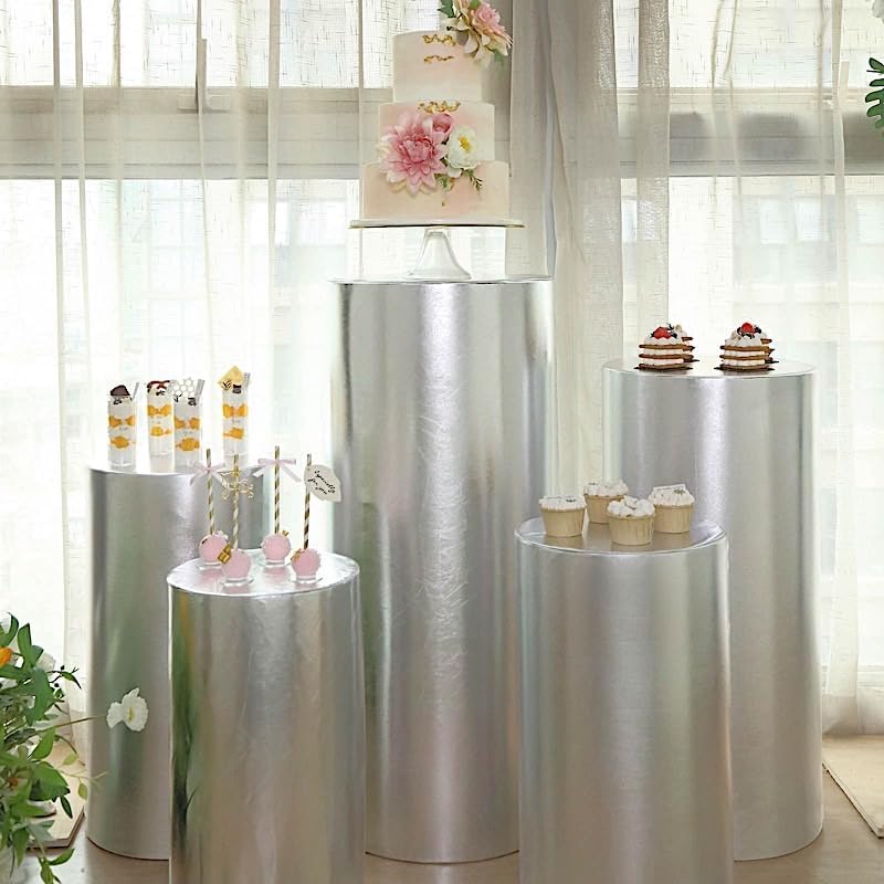 Miniatura 2 de Balsa Circle Juego de 5 cubiertas de soporte de exhibición de elastano con pedestal cilíndrico plateado, accesorios para fiestas, eventos,