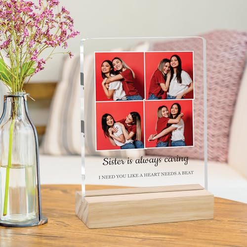 Image of Giftplease Customized Photo Frame with Text & Wooden Stand | Personalised Printed Photo Frame Gift for Sister | Birthday, Tabletop D cor | Customized Photo Gift (6x8 Inches) SIS 06