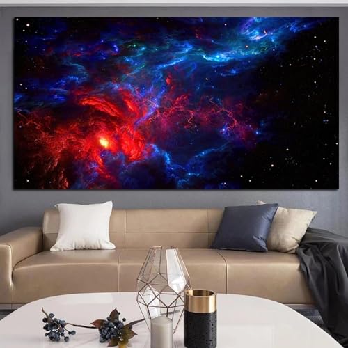 Toile peinture nuages étoiles pour habiller un grand mur de salon vide