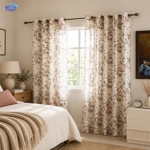 Image of Clasiko Block Print Sheer Door Curtains; 40% Light Filtering Linen Textured Curtains with Eyelets & Tieback; Set of 2; 54x84 Inches / 7 Feet; Pearl Blossom