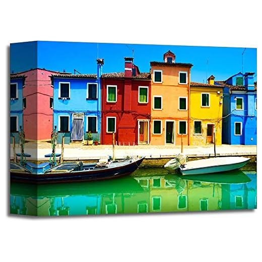 Venice Landmark, Burano Island Canal, Colorful Houses and Boats, Italy. Long Exposure Photography Gallery Wrapped Canvas Art (8in. x 10in.)