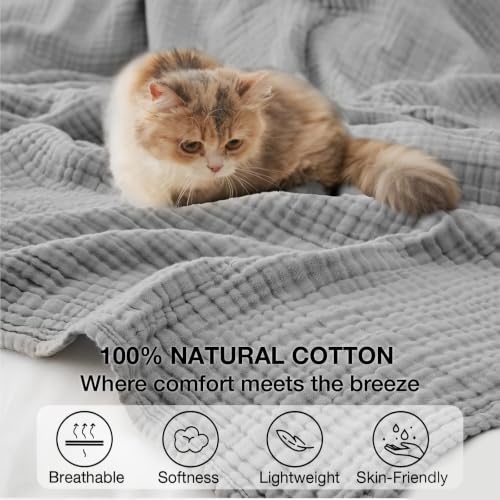 Image of 100% Cotton Muslin Blanket Queen 90 inch x 90 inch, Breathable and Lightweight Cotton Throw Blanket for Bed, Soft Cooling Summer Gauze Blanket for Adults All Season, Light Grey