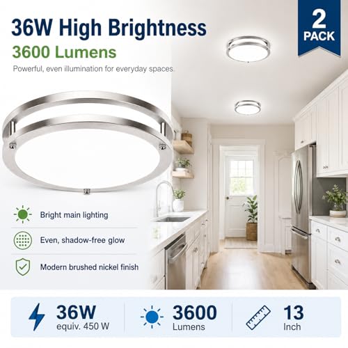Image of 2-Pack 13in LED Flush Mount Ceiling Light Fixtures, 36W 3600LM Dimmable Close to Ceiling Light, 5CCT 2700K-6500K Adjustable, Modern Brushed Nickel Ceiling Lights for Kitchen Bedroom Bathroom Hallway
