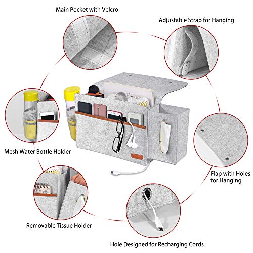 Simboom Bedside Organizer, Felt Bed Storage Caddy with Tissue Box and Water Bottle Holder, Magazine Phone Tablet iPad Remote Holder for Home College Dorm Bed Rails, Sofa, Bunk Beds - Light Grey - Image 5
