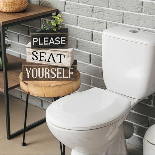 Image of Moucuny 4 Pcs Bathroom Shelf Decor Farmhouse Bathroom Decor and Accessories Please Seat Yourself Sign Rustic Eucalyptus Leaves Wood Block Sign Gift Home Table Centerpiece for Home Office