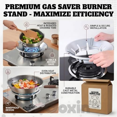 Image of Gas Saver Burner Stand - Energy Saving Windproof Metal Gas Chula Stove Stand, Gas Stove Burner Cover For Flame - Supports 4 & 5 Legs Gas Stoves (Pack of 1)