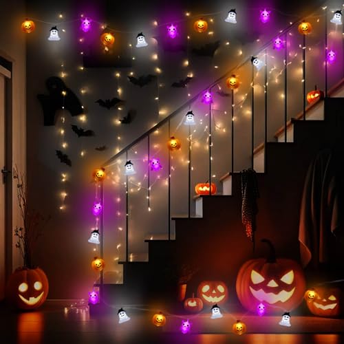 Image of Halloween Lights Decorations, 16.4 FT 30 LED Pumpkin Bat Ghost Spooky Battery Operated Cute Orange and Purple String Lights Cozy Remote Timer 8 Lighting Modes Twinkle Indoor Outdoor Window Porch Decor