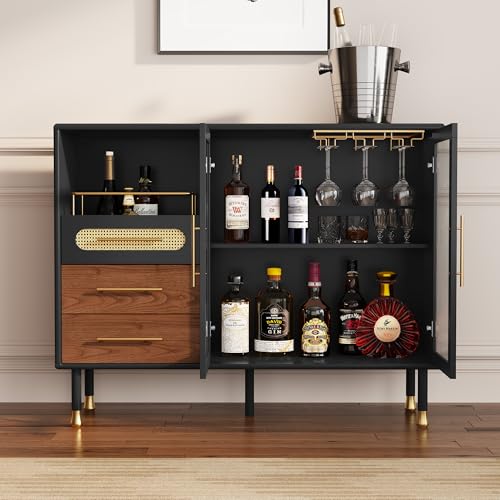 Image of ARTPOWER 48 inch Coffee Bar Cabinet with Wine Racks and Drawers, Modern Buffet Sideboard with Pull-Out Wine Storage, Liquor Bar Cart for Kitchen, Dining Room, Living Room (Black)