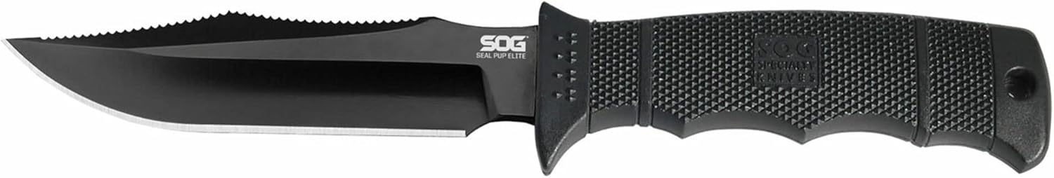 SOG Fixed Blade Knives with Sheath - SEAL Pup Elite Survival Knife, Hunting Knife w/ 4.85 Inch AUS-8 Bowie Knife Blade for a Tactical Knife (E37SN-CP)