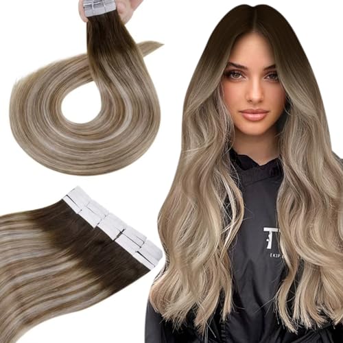 Hetto Tape in Hair Extensions Human Hair Ombre Brown to Blonde, Invisible Lightweight Tape Hair Extensions