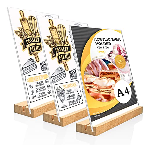 ToyaJeco Acryl-Schilderhalter, transparent, T-Form, Tischständer mit doppelseitigem Holzfuß, doppelseitiger Menü-Flieger-Bilderrahmen, Schilderhalter für Restaurants, Büro, Werbeaktionen (A4 x 3) Cover