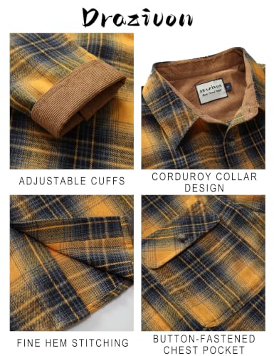 Drazivon Mens Button Down Long Sleeve Cotton Flannel Shirt Plaid Yellow 2XL - image 4
