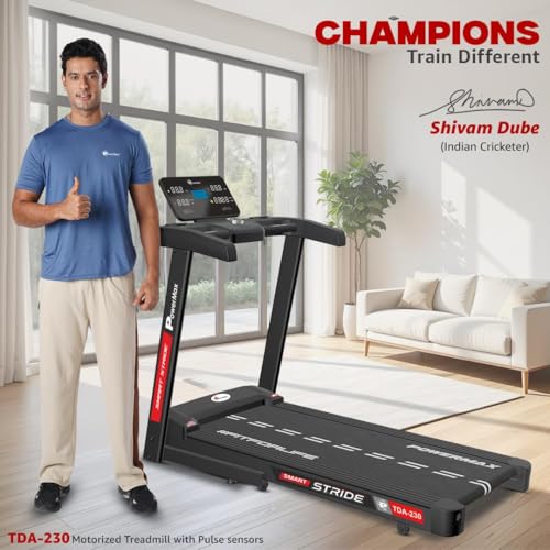 Image of PowerMax Fitness TDA-230 5HP DC Motorized Foldable Auto Incline Treadmill for Home, Max user 140kg, Top speed 14km /hr, Running deck 1200x420mm Foldable machine, LED display, ipad & Mobile holder