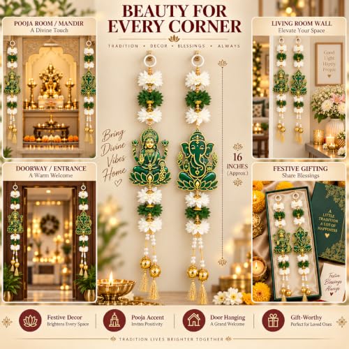Image of Akaar Decor Lakshmi Ganesha Hanging for Door | Acrylic Festive Latkan with Flowers & Pearls | Diwali Pooja Room Entrance Decor | 16 Inch, Pack of 2