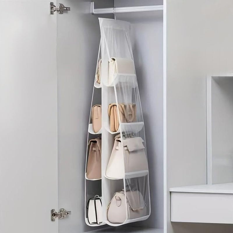 FreshDcart F737 Hanging Purse Handbag Organizer Dust-Proof Storage Holder Bag Wardrobe With 6 Large Compartments Strong Metal Hook hanger for Purse handbag (White Pack Of 1)