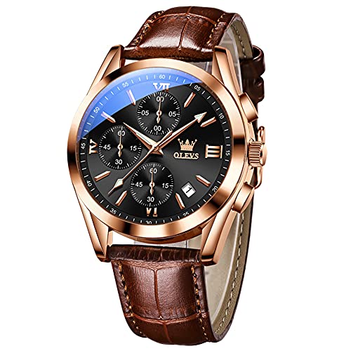 OLEVS Mens Watches Chronograph Fashion Casual Analog Quartz Watch Waterproof Dress Luminous Wrist Watches with Leather Strap for Men