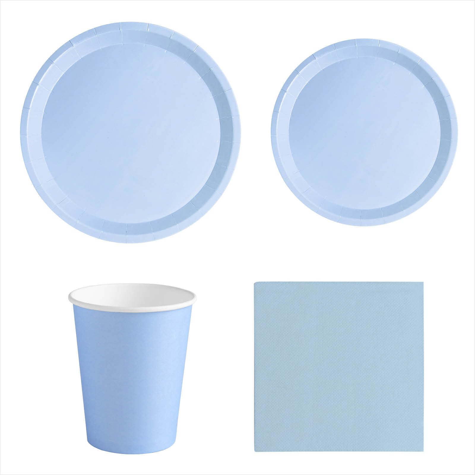 Set Vajilla Desechable Fiesta 20 Personas Azul Pastel - 114 piezas - Vasos Cartón 270 cc + Platos Cartón Ø17 y Ø20,5 cm + Servilletas Papel 25x25 cm - Menaje para Cumpleaños y Eventos