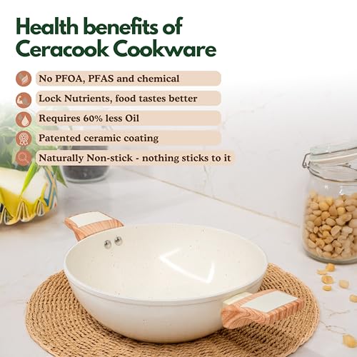 Image of Kreme Ceracook Ceramic Coated Granite Kadai 3.2L /26cm with Glass Lid, Deep Frying Kadhai, ISI Certified, Forged Aluminium, Gas & Induction Use, Non Toxic PFAS & PTFE Free, 1 Yr Warranty, Ivory