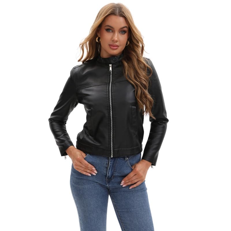 fizzoqi Women’s Slim Fit Genuine Leather Jacket with Stand Collar and Pockets Motorcycle Style-picture-13