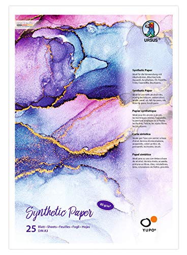 Ursus 16264000 - Yupo Synthetic Paper, DIN A3, 25 Blatt, 85 g/qm, synthetisch, Glatte Oberfläche, reiß-und wasserfest, UV lichtecht, extrem strapazierfähig, 100% recyclebar, vielseitig verwendbar