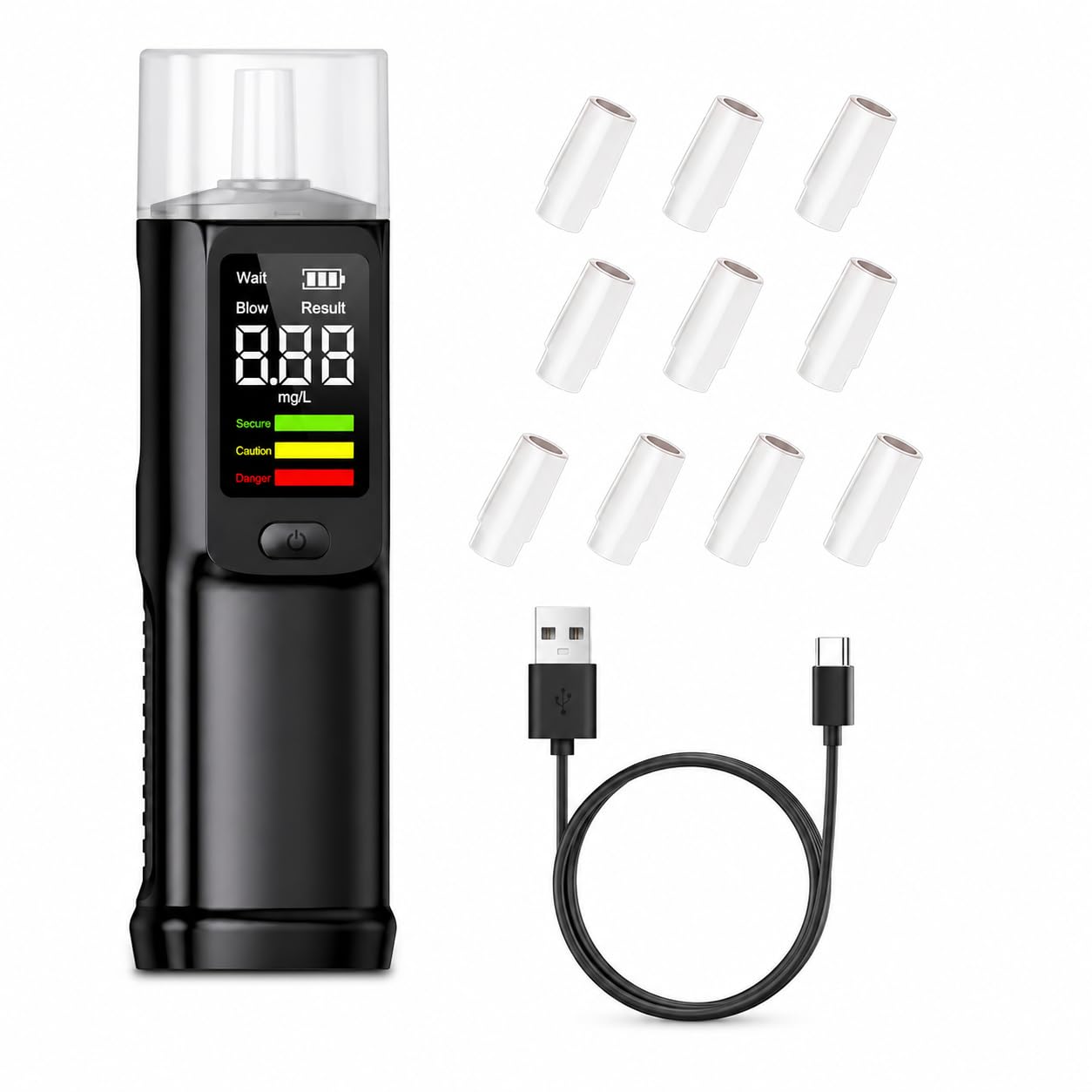 Ethylotest Electronique - Ethylotest avec 10 Embouchures, Alcotest Numerique, ethylometre mesures de Haute précision, pour Tests personnels domestiques (Black)
