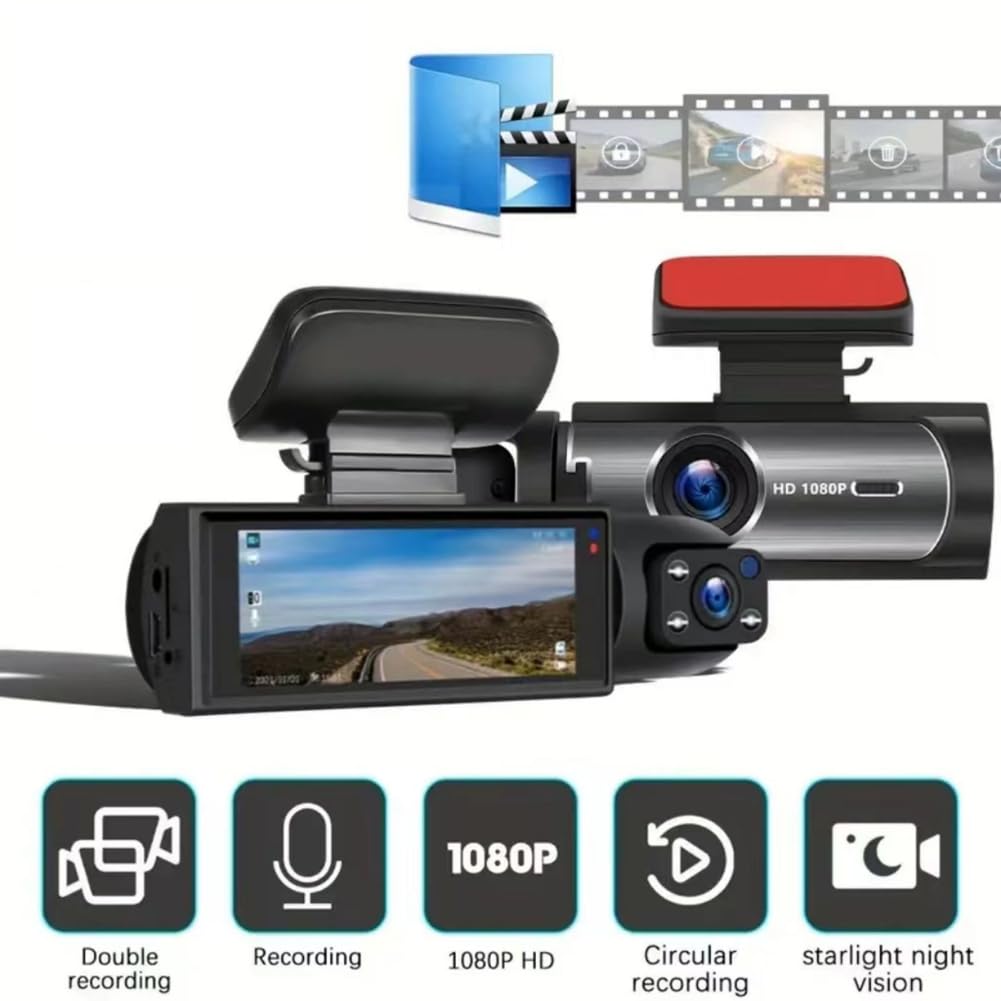 Shkalacar Dashcam 1080p autocamera, DVR-recorder met 3,16 inch IPS-display, 170° groothoekondersteuning, dashcam-dubbel zicht, geheugenkaart niet inbegrepen