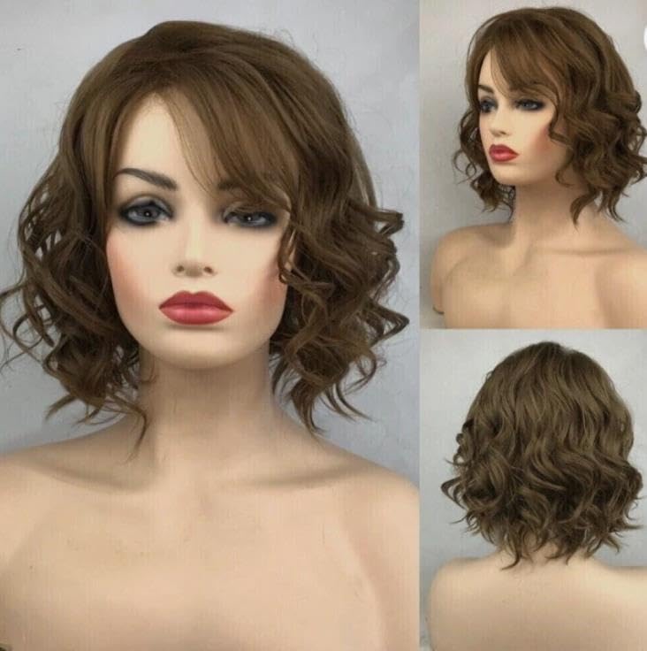 Image of 12-inch Medium Curly Wavy Brown Looking Rose Net for Daily Use with Bangs Natural Daily Party Wig (Dark Brown)