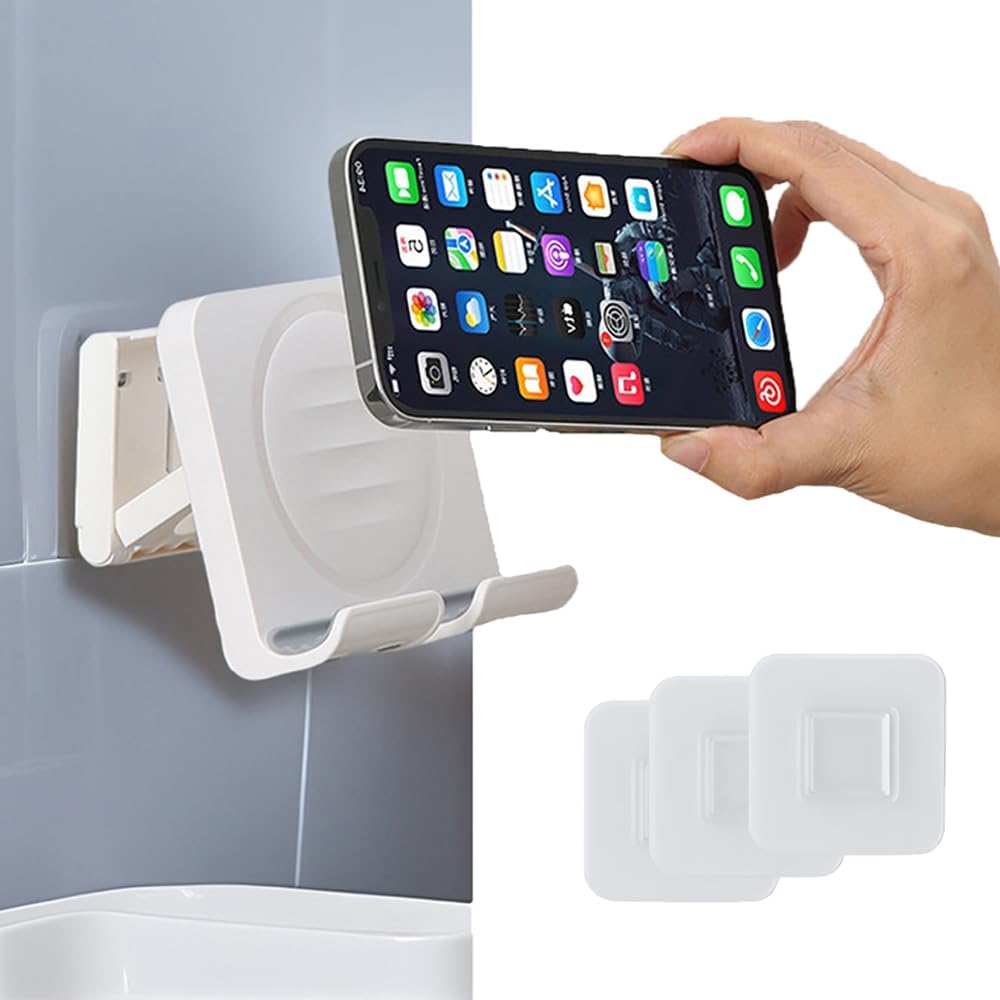 Shower Phone Holder Detachable Wall Mounted Hands Free Angle Adjustable Phone Stand with 3 Adhesive Pads for Kitchen Bathroom Dorm Bedroom (White)