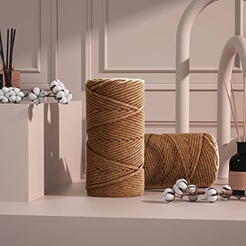 Image of ZUEXT Macrame Cord, Caramel, 5mm x 109yds Cotton String Macrame Yarn | 100% Natural Handmade, 4 Strands Twisted Cotton Rope, For Wall Hanging Plant Hangers Gift Wrapping Tapestry DIY Crafts, 100m