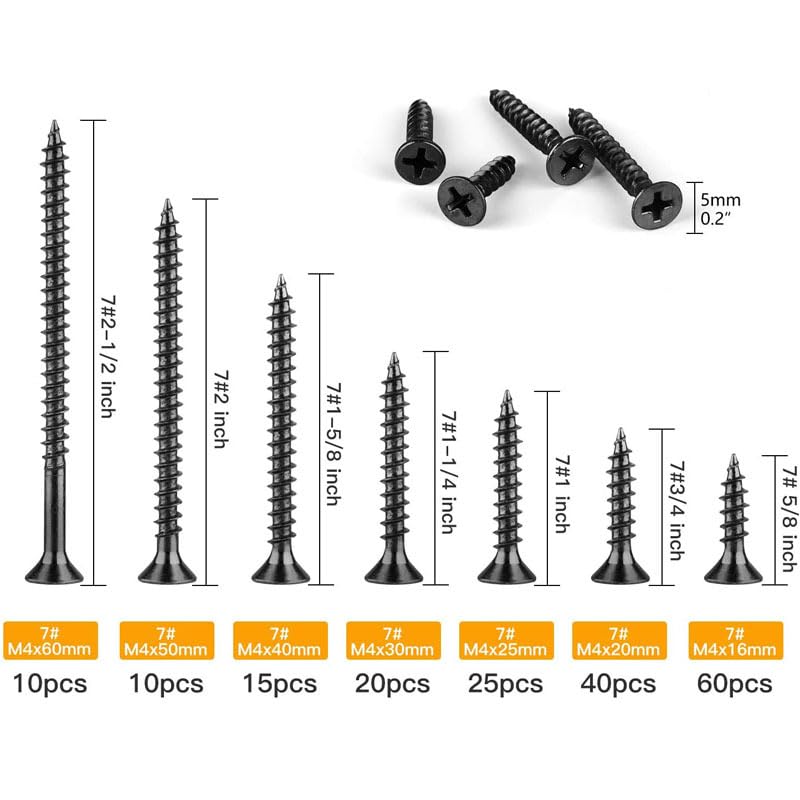 180PCS M4 Black Cross Countersunk Flat Head Tapping Screws Hardened Drywall Nails Wood Screw Set Kit Plasterboard Screw Wall