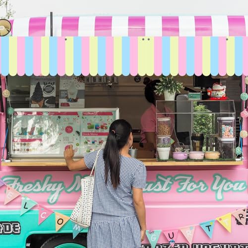 Image of Preboun 3 Pcs Carnival Awning Decorations Tent Circus Hanging Decorations Carnival Banner Concession Stand Sign Canopy Awning for Pirate Summer Party, 9.84''x78.74'' (Yellow Pink Green)