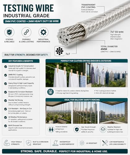Image of Heavy Duty 4MM PVC Coated Wire Rope Kit | 7x7 GI Steel Cable with Snap Hooks, U Clamps & Turnbuckle | Rustproof Clothesline Wire for Balcony, Gym & Outdoor Use (15 Meter /49.2 Feet)