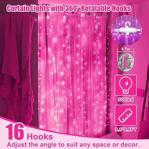 Image of One94Store Fairy Curtain String Lights for Wall Decoration, USB Powered 300 LED's, 8 Flashing Modes, Window Backdrop Lights for Bedroom, Party, Diwali, Christmas - (3x3 Meter) Pink