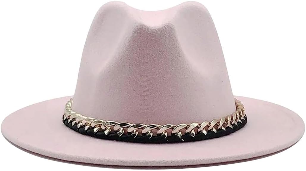 Wide Brim Fedora Hat with Black Strap Gold Chain Decor Panama Cap for Men Women Wedding Church Formal Daily Party Hat