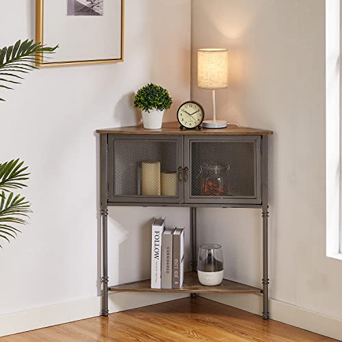 Corner Cabinet/Table, 3-Tier Shelves with Protection Door, Metal Frame Storage