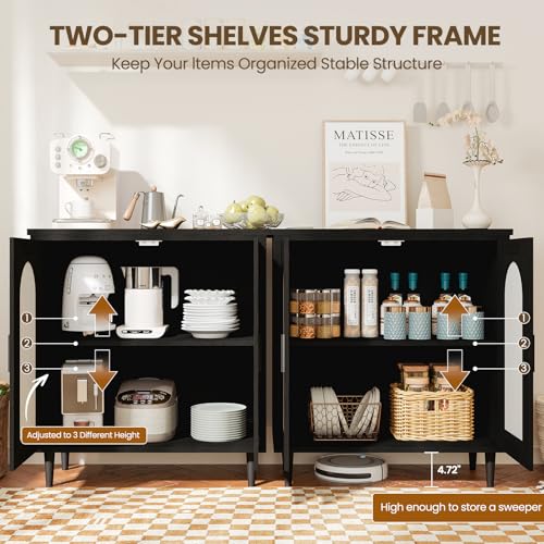 GarveeHome Sideboard Buffet Kitchen Storage Cabinet with Rattan, Solid Wood Feet for Living Room, Hallway, Entryway, Cabinet with Ample Storage Space (Black, 2 pcs)