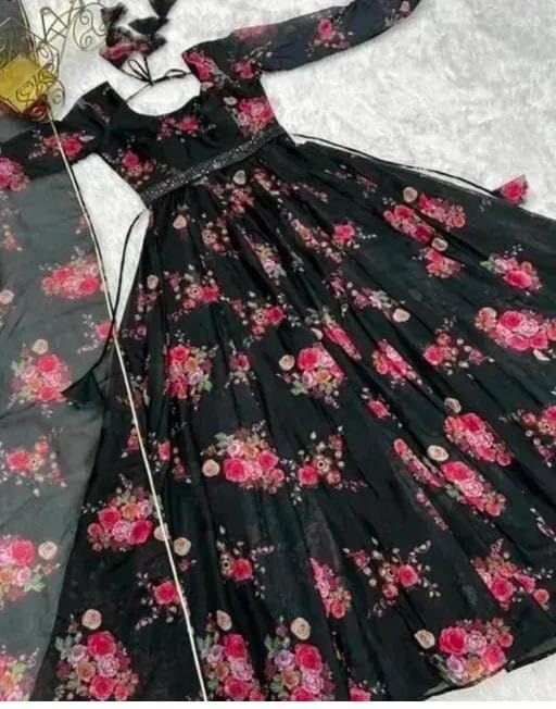 Image of Elegant Floral Printed Long Kurti with Matching Dupatta in Flowing Poly Georgette Fabric for Graceful Ethnic and Festive