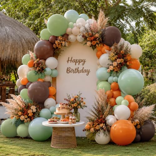 Image of Dusty Green Orange Brown Fall Color Balloon Arch Garland Kit | Double Stuffed Burnt Orange Coffee Beige Balloons for Boho Birthday Thanksgiving Autumn Neutral Baby Shower Party Decor
