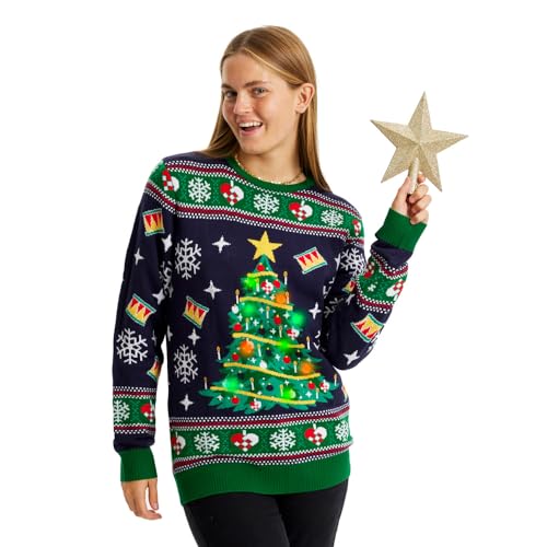 Camisola de Natal família com luzes LED para mulher, homem e crianças, vermelho e azul, com árvore de Natal, azul, XL
