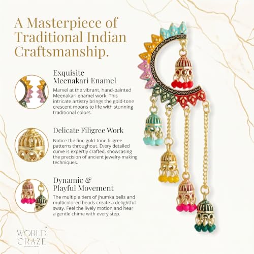 Image of WORLD CRAZE Multicolour long kashmiri jhumka for women chandbali earrings chand baliyan | kashmiri earrings for women | bahubali earrings stylish | Traditional Indian Festive Jewelry | Long Chain Tassels | Pearl Drop Latkan Jewellery (Multi colour)