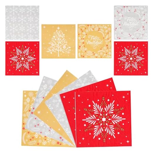 180 Servilletas de Papel Navideñas 33x33 cm: 5 Diseños - Copos Rojo/Plateado, Árbol Dorado, Feliz Navidad Oro/Plata, Decoración Perfecta para Cenas y Fiestas Navideñas.