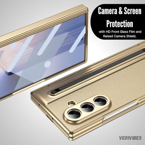 Image of Ultra Hybrid Luxury Leather Compatible with Samsung Galaxy Z Fold 8 Ultra (2026)| Built-in S Pen Holder| 360 Hinge Protection | Slim Shockproof Back Cover with Tempered Glass - Golden