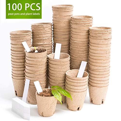 Vumdua 3\" Peat Pots with Plant Label, Biodegradable Seed Starter Kit for Vegetables, Herbs, Fruits, Flowers - 100 Pcs Planting Pots & 100 Pcs Plastic Plant Markers