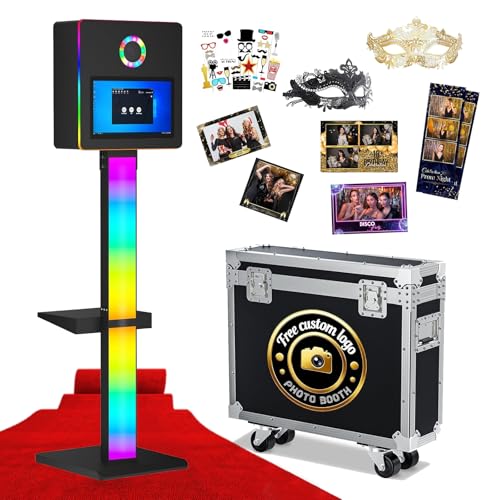 Image of DSLR Photo Booth Built-in Mini PC and Flight Case Mirror Photo Booth with 15.6 inch Touch Screen RGB Lights App Control for Parties Weddings Event Rentals (Black)
