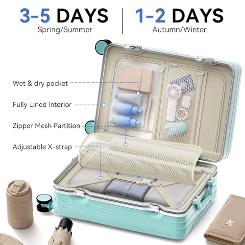 Image of Carry On Luggage, Hardside Zipperless Suitcase, Mint Green, 20 in | Airline Approved, Aluminum Frame, TSA Lock, 360Spinner Wheels, PC, Charger Port, Cup and Phone Holder, Side Hook