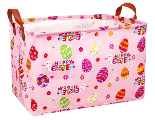 Image of Large Rectangular Easter Baskets Empty Waterproof Boy Toy Box Foldable Kid's Gifts Storage Bin Spring Room Decor(HAPPY Pink Rabbit Egg)