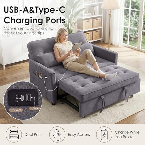 Image of Dreamzie 55'' 3 in 1 Convertible Sofa Bed with USB Charging Ports, Pull Out Couch with Adjustable Backrest and Side Pockets, Sleeper Sofa for Living Room, Apartment, RV, Easy Assembly - Grey