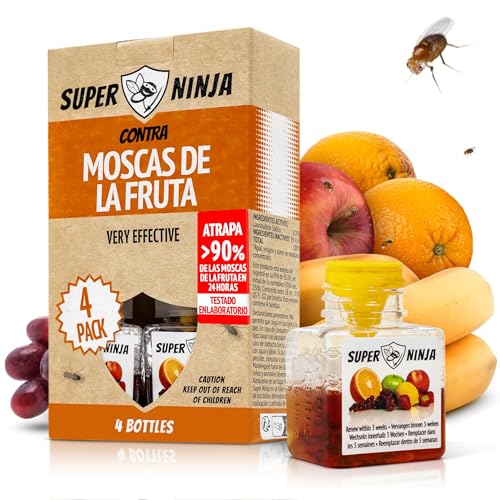 Super Ninja Trampas para Moscas de la Fruta - Pack de 4, Trampa para Moscas Interior, Hogar y Cocina, Cebo Líquido Altamente Efectivo, hasta 3 Semanas de Eficacia, Seguras para Niños y Mascotas.
