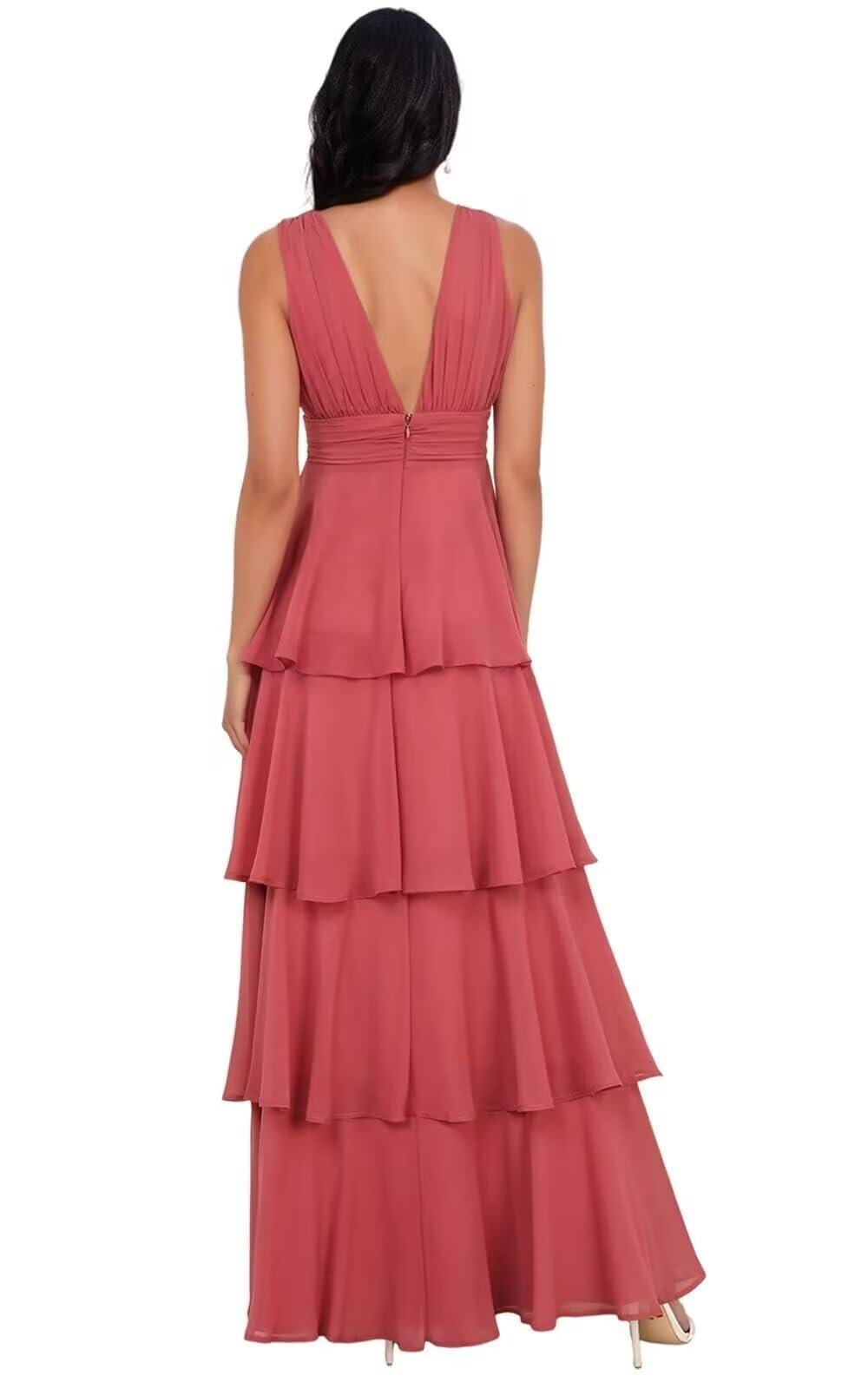 Chiffon Abendkleider Elegant für Hochzeit,V-Ausschnitt Gestufte Brautjungfernkleider Lang für Damen Chiffon Rüschen Festliche Kleider für Hochzeitsgäste