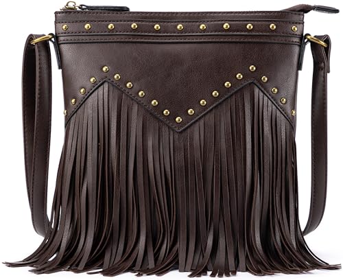 "Trendy Vegan Crossbody Bag with Fringe - Coffee Brown"